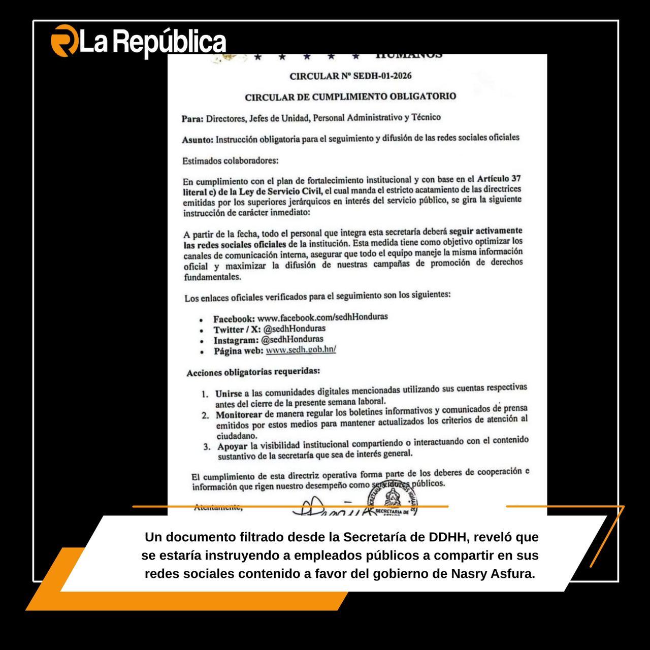 Un documento filtrado desde la Secretaría de DDHH, reveló que se estaría instruyendo a empleados públicos a compartir en sus redes sociales  - Cover Image